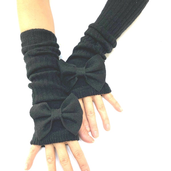 Black Wool Arm Warmers Black Wool Gloves Black Fingerless Gloves Bow Black Gloves Womens Winter Gloves.