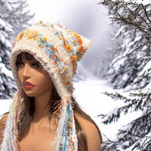 White Cat Ear Knit Women's Winter Hat Ear Flap With Braided Ties.