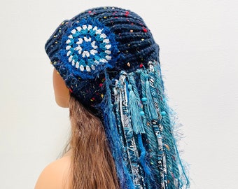 Blue Long fringe Knit Hat Fringe Beanie Crazy Knit Hat Boho Knit Hat Chemo Hat.