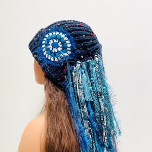 Blue Long fringe Knit Hat Fringe Beanie Crazy Knit Hat Boho Knit Hat Chemo Hat.