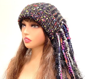 Black Long Fringe Knit Hat Fringe Beanie Slouchy Beanie Boho Beanie Crazy Knit Hat.