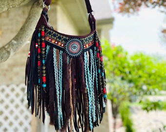 Bohemian fringe crossbody bag, Fringe Purse, Hippie Crossbody, Fringe Shouder Bag.