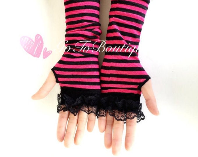 Hot Pink Stripe Arm Warmersfingerless Gloveslace Etsy