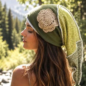 Handmade Green Patchwork Elf Hood: Upcycled Jester Beanie Fairy Hood.