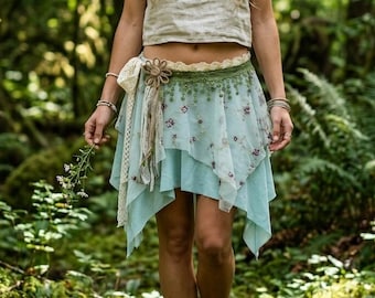 Handmade Mint Green Pixie Wrap Belt – Layered Fringe Boho Festival Skirt