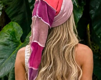 Patchwork Elf Hat, Long Tail Pixie Hat, Whimsical Festival Headwear, Green Fairy Hat, Woodland Costume, Upcycled Fabric Hat