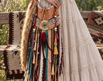 Boho Fringe Crossbody Bag: Vintage Fabric & Leather - Handmade