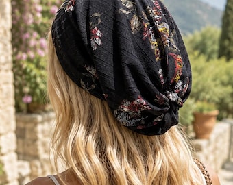 Black Floral Slouchy Beanie Hat, Lightweight Slouch Hat, Boho Women’s Hat, Soft Stretchy Beanie