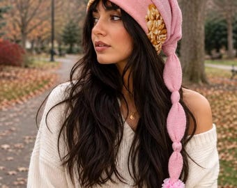 Pink Pixie Hat with Pom Pom, Floral Patchwork Slouchy Elf Hat, Long Tail Knit Hat, Boho Fairy Woodland Accessory