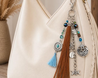 Boho Purse Tassel: Handmade Leather Fringe Purse Charm with Beaded Accents