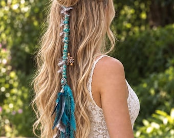 Boho Turquoise Feather Hair Extension – 18" Handmade Festival Wrap, Western Accessory