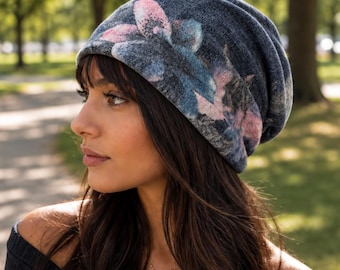 Gray Floral Slouchy Beanie Hat, Lightweight Slouch Hat, Boho Women’s Hat, Soft Stretchy Beanie