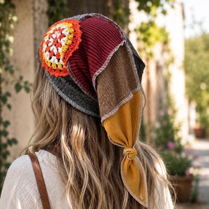 May include: A patchwork headscarf featuring a circular orange, yellow, and white crochet floral motif, combined with panels of ribbed burgundy, dark gray, brown, and mustard yellow fabric, finished with a knotted tail and visible white stitching.