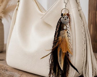 Boho Purse Tassel: Handmade Leather Fringe Charm with Feather & Beaded Accents