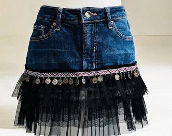 Handmade Upcycled Denim & Black Ruffle Mini Skirt – One of a Kind