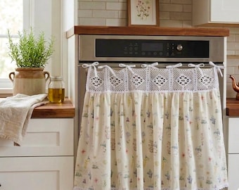 Wildflower Oven Door Curtain with Crochet Lace Trim Stove Curtain.