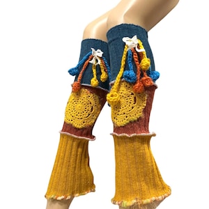 Calentadores de piernas estilo boho patchwork, calcetines hippies de invierno.