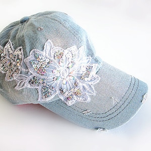 Embellished Denim Baseball Cap-Women&#39;s Blue Denim Cap with Lace flower.