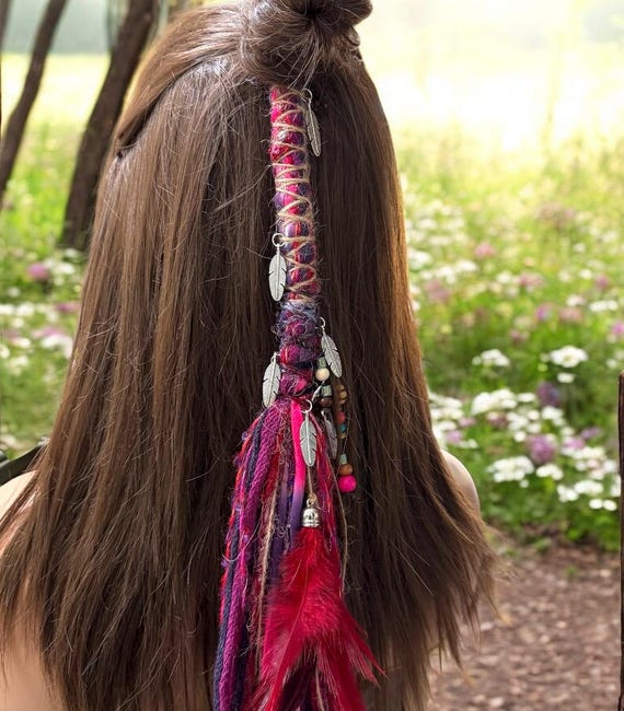 Boho Dreadlock Hair Extension with Feather Accents Set of Dreads Curls Braids. Feather hair extension. Brown  main image 3