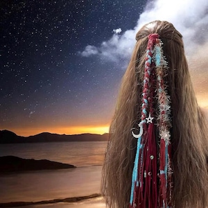 Boho Hair Wrap: Red Teal Dreadlock Braid Ponytail Clip - 22 inches