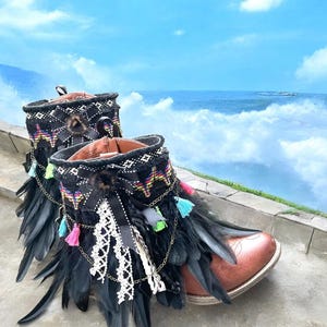 Black Feather Boot Cuff/ wrap Boho Boot Cover Cowboy Boot Cover.