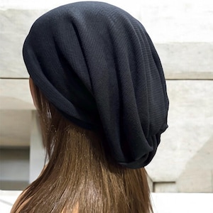 Oversized Black Slouchy Cotton Knit Beanie: Lightweight Chemo Cap, Neck Warmer