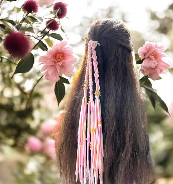 Boho Pink Braided Hair Extensions with Charms Babyblush! BRUSHABLE CURLS! Dreads and Braids, decorated. Pink main image 3