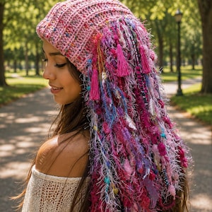 May include: A pink knit beanie featuring a ribbed texture with multicoloured flecks. The back of the hat is adorned with a dense cascade of long, textured fringe elements in shades of magenta, purple, and blue, including tassels and ribbons.