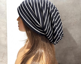 Black Stripe Slouchy Beanie: Cotton Knit Oversized Beanie Chemo Hat