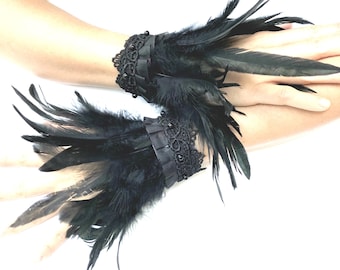 Gothic Black Feather Wrist Cuffs Victorian Burlesque Fantasy feathers costume Halloween