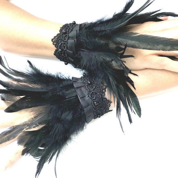 Gothic Black Feather Wrist Cuffs Victorian Burlesque Fantasy feathers costume Halloween