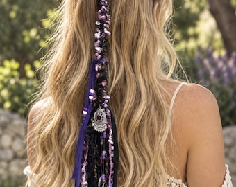 Purple Black Boho Hair Wrap, 16 Inch Fiber Hair Extension, Elastic Loop Hair Accessory, Festival Braid Wrap, Gothic Hippie Hair Jewelry