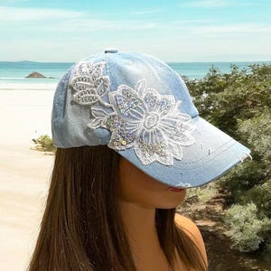 Embellished Denim Baseball Cap-Women&#39;s Blue Denim Cap with Lace flower.