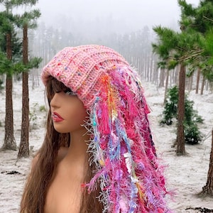 Pink Knit Fringe Beanie: Long Boho Hippie Hat
