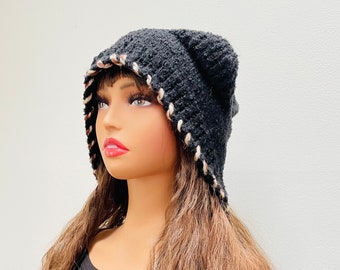 Black Cat Ears Knit Hat Women Cat Hat Cat Beanie Crochet Winter Hat.