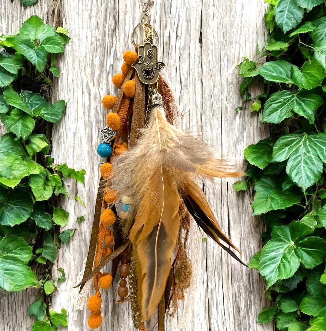 Boho Purse Tassel: Handmade Leather Fringe Charm with Feather & Beaded Accents