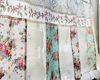 Handmade Floral Lace Curtain Valance - Shabby Chic Patchwork Farmhouse Backdrop