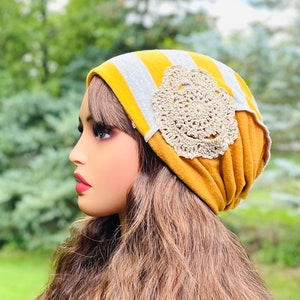 Patchwork Slouchy Beanie Womens Knit Hat Steampunk Hat Chemo Beanie.