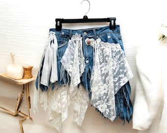 Handmade Upcycled Denim & Lace Mini Skirt Size 4 – One of a Kind