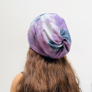 Womens Beanie Slouchy Summer Hat Knit Hat Purple Tie Dye Men Women Chemo Headwear.