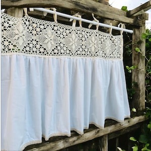 Vintage French Country Cafe Curtains, Beige Lace Half Curtains, Farmhouse Kitchen Short Curtains, Cabinet Curtains.