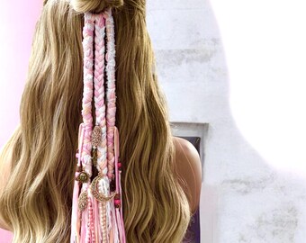 Boho Hair Wrap Dread, Pink Fairy Locks, Dreadlock Braid Ponytail Clip,  Hair Extension.