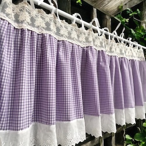 French Country Window Curtain Valance Shabby Chic Purple Gingham Window Treatments  Kitchen Cafe Farmhouse Nursery.