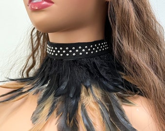 Feather collar / Steampunk high collar/ Burlesque fringe collar / Feather choker /Gothic feather chocker/ Halloween Costume