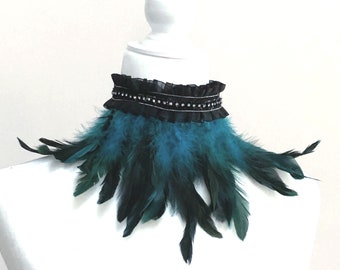 Teal Feather collar / Steampunk high collar/ Burlesque fringe collar / Feather choker /Gothic feather chocker/ Halloween Costume