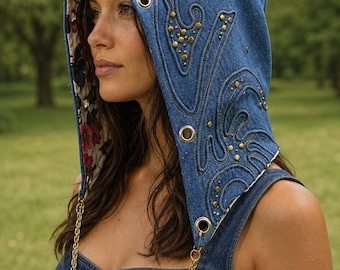 Denim Embroidered Hood with Gold Chains, Bohemian Festival Headwear, Western Gothic Hood, Floral Lined Statement Accessory