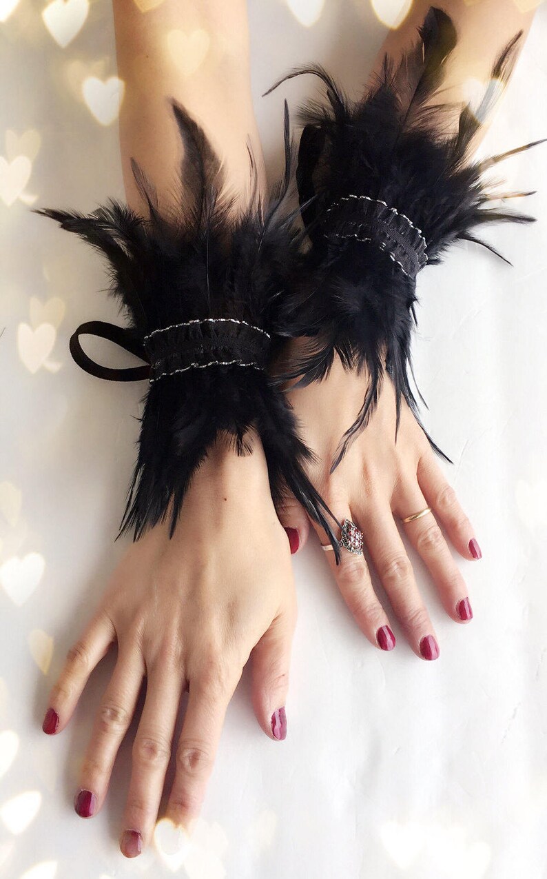 Gothic Black Feather Wrist Cuffs Victorian Burlesque Fantasy Etsy