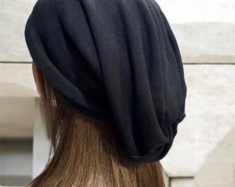 Oversized Black Slouchy Cotton Knit Beanie: Lightweight Chemo Cap, Neck Warmer