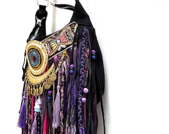Handmade Black & Purple Fringe Crossbody Bag – Boho Statement Bag with Vegan Suede
