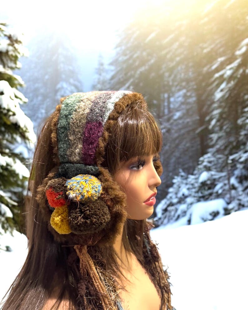 Boho Faux Fur Earmuffs With Pompoms Womens Mens Ear Warmers. image 4